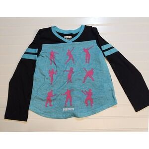 Kids Fortnite Long Sleeve‎ Pajama Top Black Aqua Blue Emotes Size 7 8